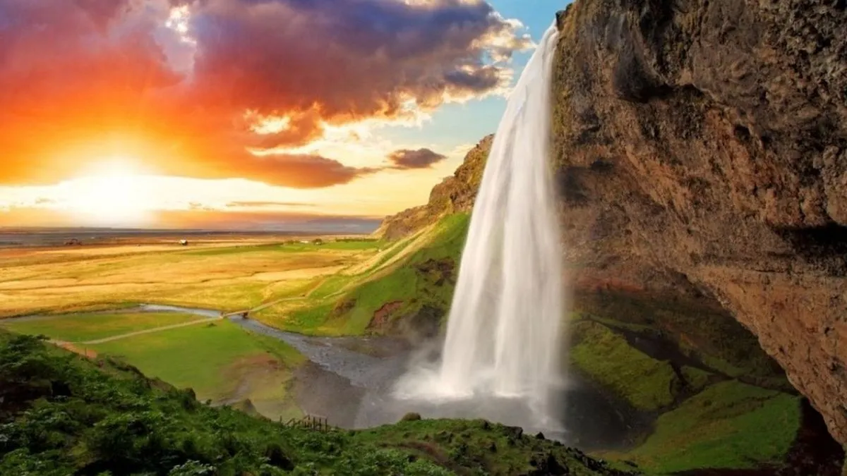 Waterfall and sunset in Iceland