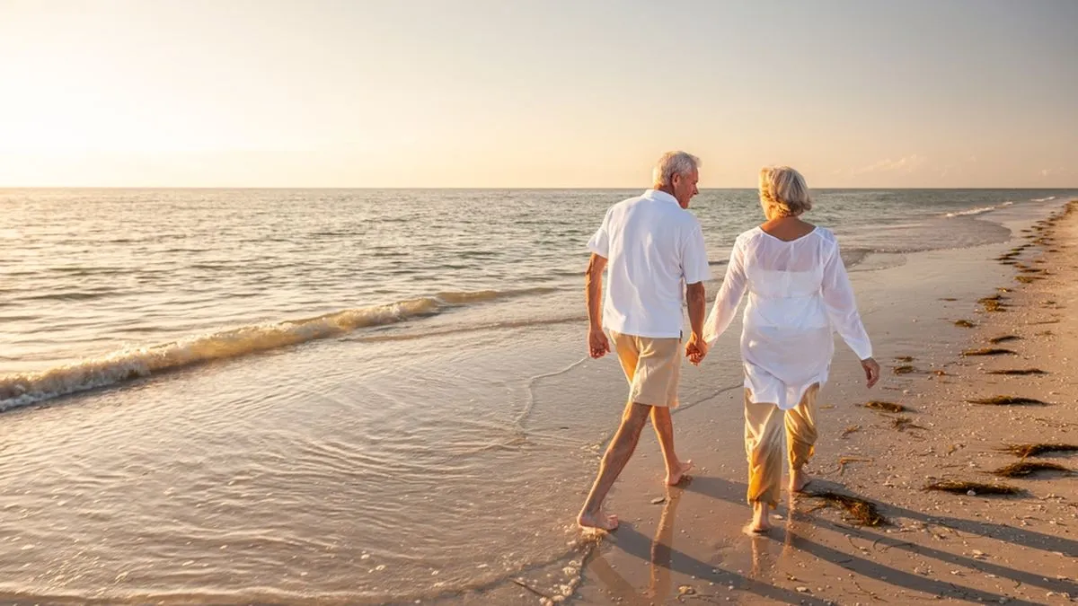 Couple holding hands and walking on a beach