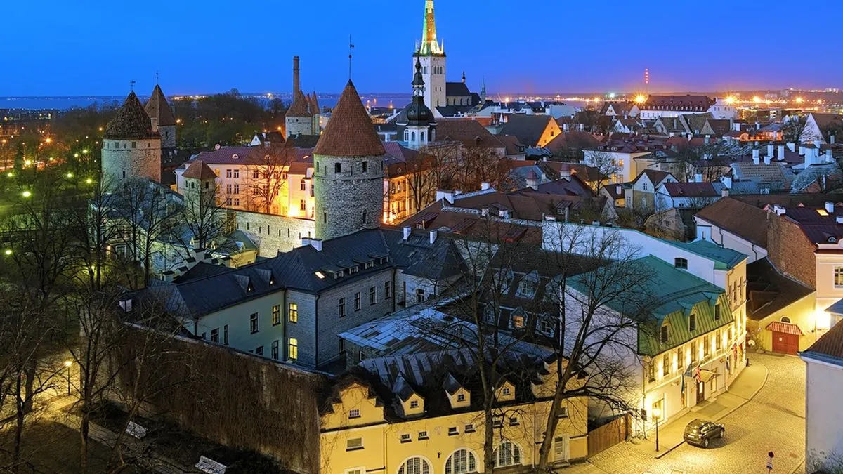 View of European city at night