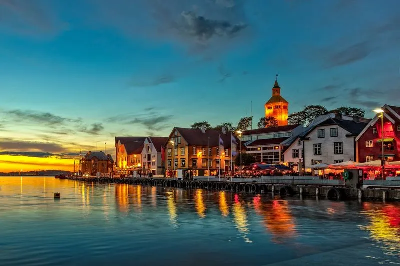 Scenic waterfront at sunset in Stavanger Norway